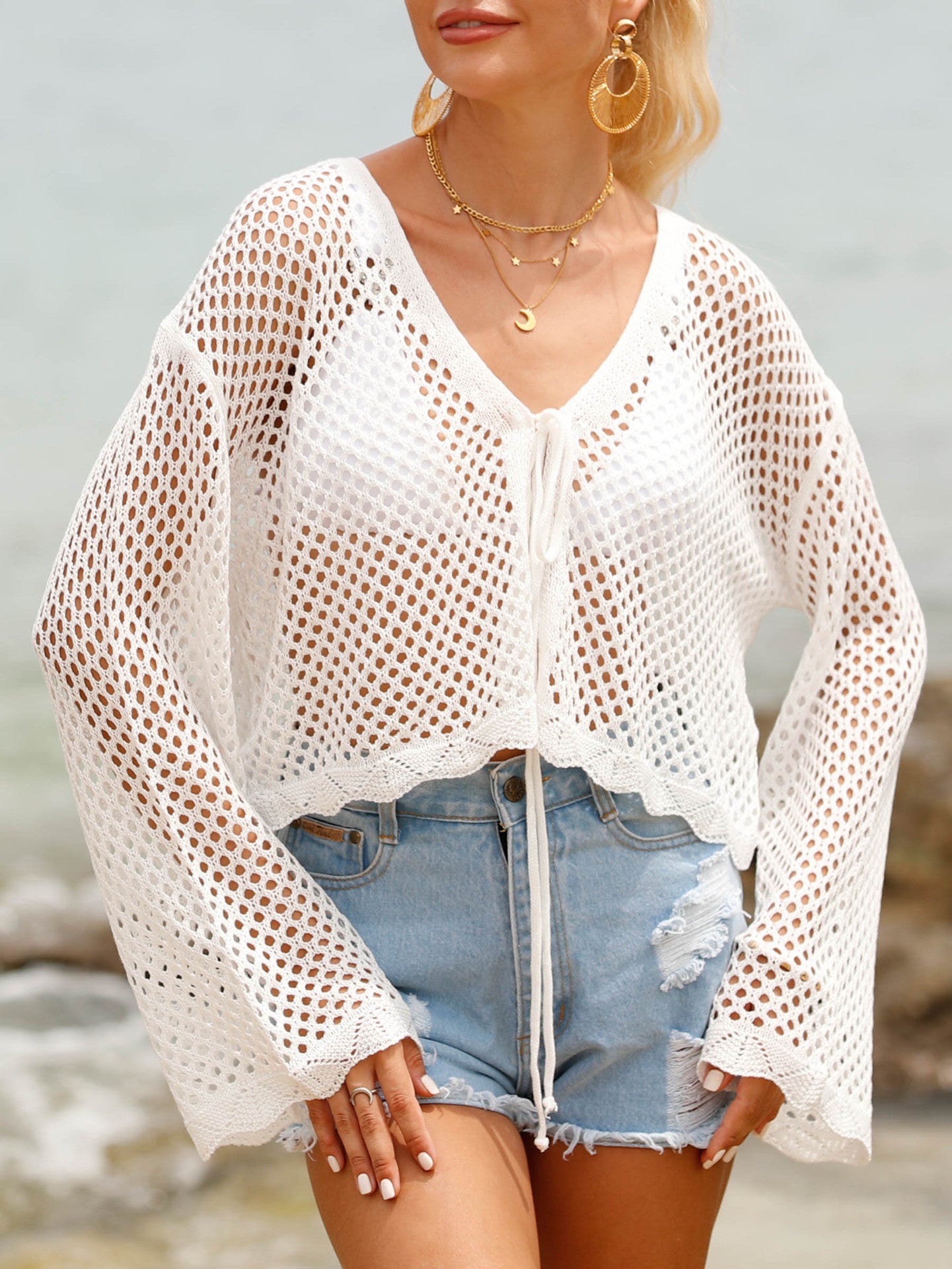 Women's Lace-up Cardigan Hollow-out Beach Sun Protection Long-sleeved