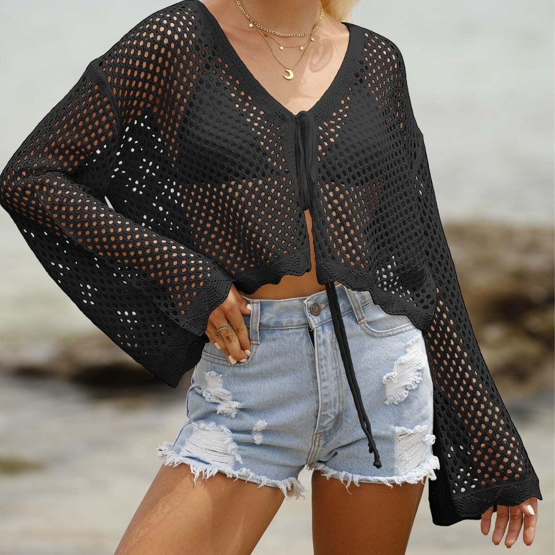 Women's Lace-up Cardigan Hollow-out Beach Sun Protection Long-sleeved